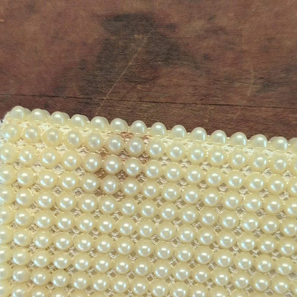 Vintage Women's Ivory Synthetic Faux Pearl Beaded Clutch Wallet Snap